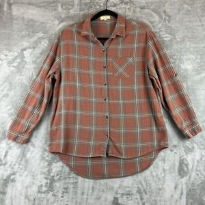 Love Notes Flannel Women's L Orange Blue Plaid High Low Hem Roll Tab Sleeve